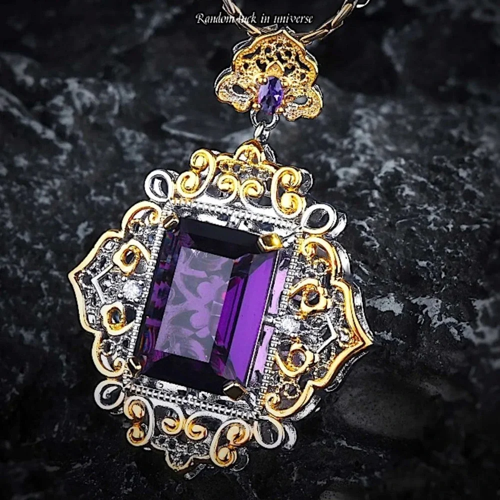 Antique Amethyst Pendant Necklace, Two Tone, Gold, Silver, Women’s, Gemstone,